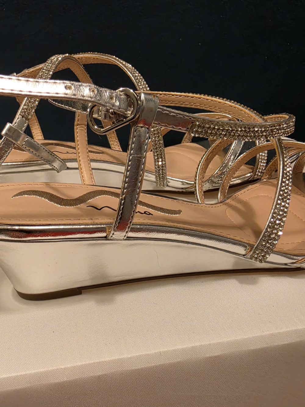 Nina Silver Metallic Rhinestone Strappy Wedge Sandals